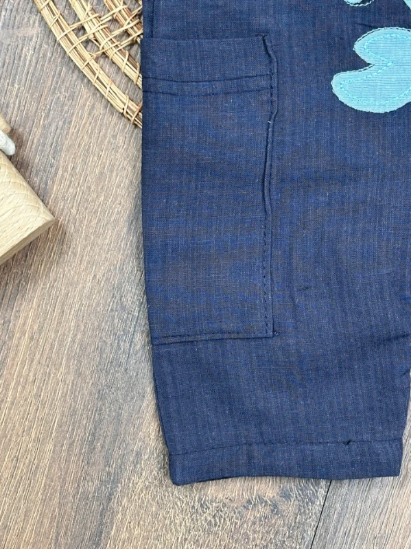 Yengeç Nakışlı Omuzdan Çıtçıtlı Badi Yazlık Salopet Erkek Bebek Takım - MAVİ