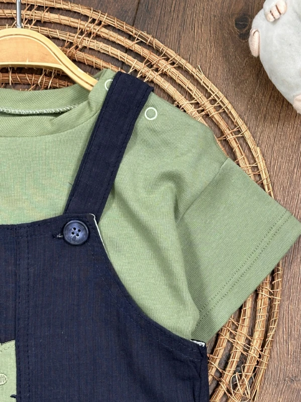 Yengeç Nakışlı Omuzdan Çıtçıtlı Badi Yazlık Salopet Erkek Bebek Takım - MAVİ