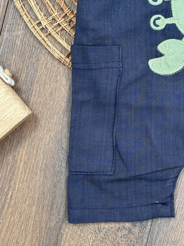 Yengeç Nakışlı Omuzdan Çıtçıtlı Badi Yazlık Salopet Erkek Bebek Takım - MAVİ