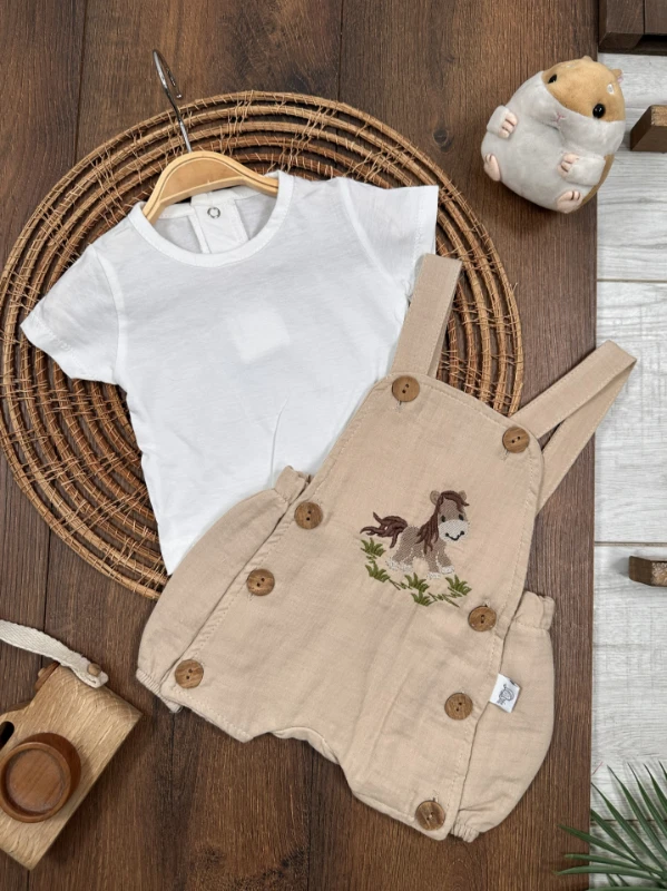 Müslin Salopet Horse Nakışlı Badili Yazlık Erkek Bebek Takım - SÜTLÜ KAHVE