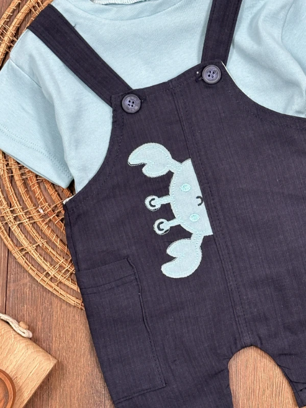 Yengeç Nakışlı Omuzdan Çıtçıtlı Badi Yazlık Salopet Erkek Bebek Takım - MAVİ