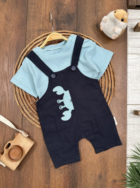 Yengeç Nakışlı Omuzdan Çıtçıtlı Badi Yazlık Salopet Erkek Bebek Takım - MAVİ