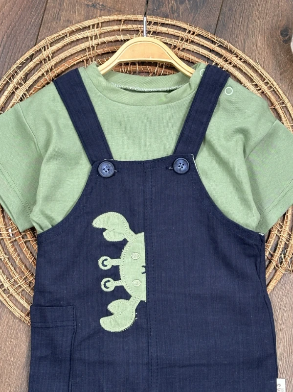 Yengeç Nakışlı Omuzdan Çıtçıtlı Badi Yazlık Salopet Erkek Bebek Takım - MAVİ