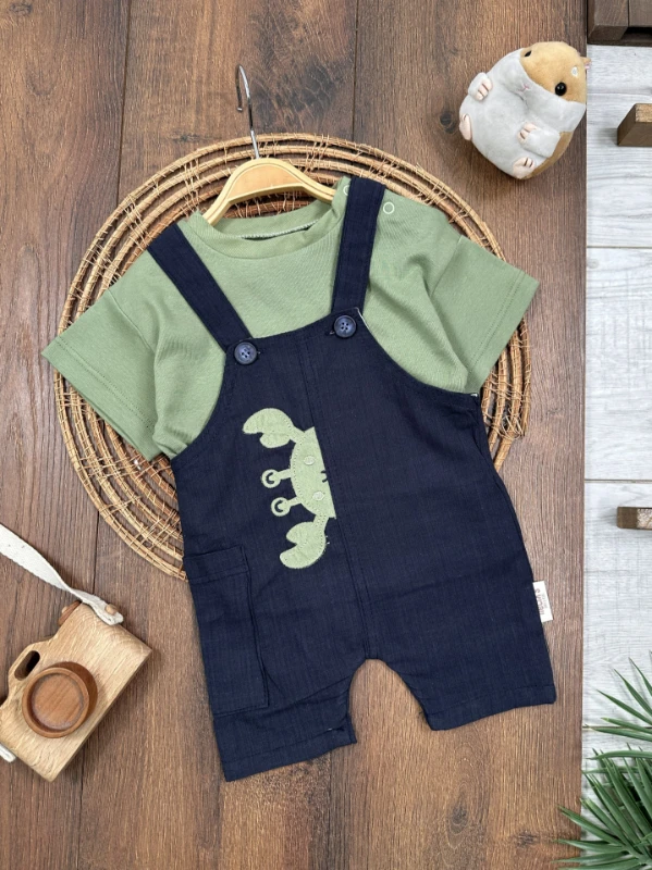 Yengeç Nakışlı Omuzdan Çıtçıtlı Badi Yazlık Salopet Erkek Bebek Takım - MAVİ