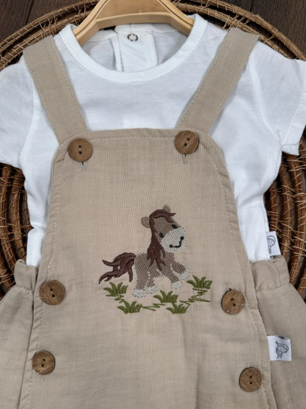 Müslin Salopet Horse Nakışlı Badili Yazlık Erkek Bebek Takım - SÜTLÜ KAHVE