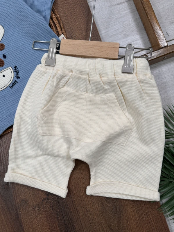 Waffle Nakışlı Omuzdan Çıtçıtlı Yazlık Erkek Bebek Takım - MAVİ