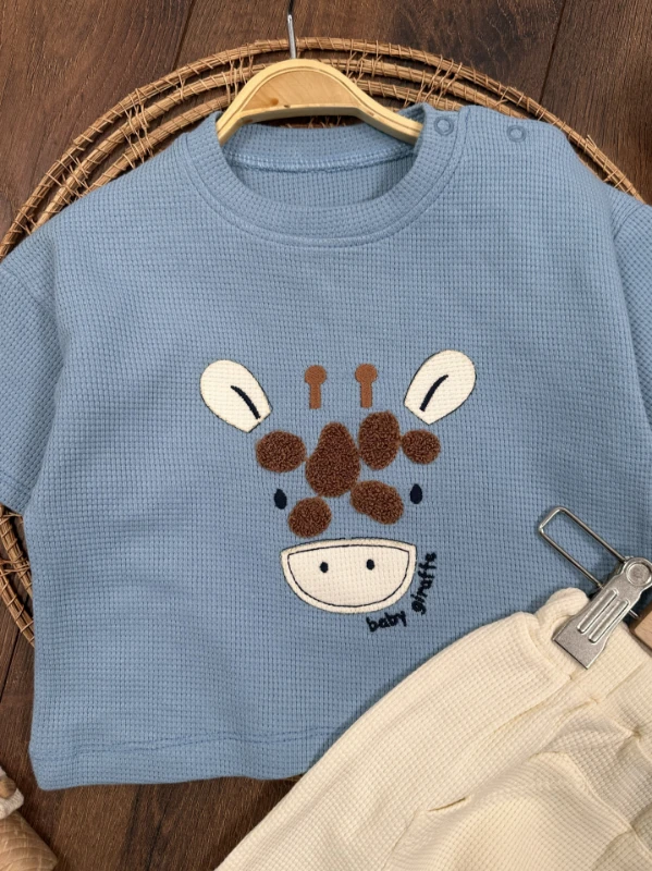 Waffle Nakışlı Omuzdan Çıtçıtlı Yazlık Erkek Bebek Takım - MAVİ