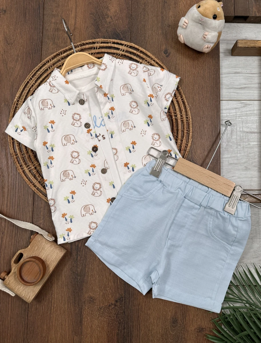 Safari Baskılı Gömlek Badili Şortlu Yazlık 3lü Erkek Bebek Takım - MAVİ