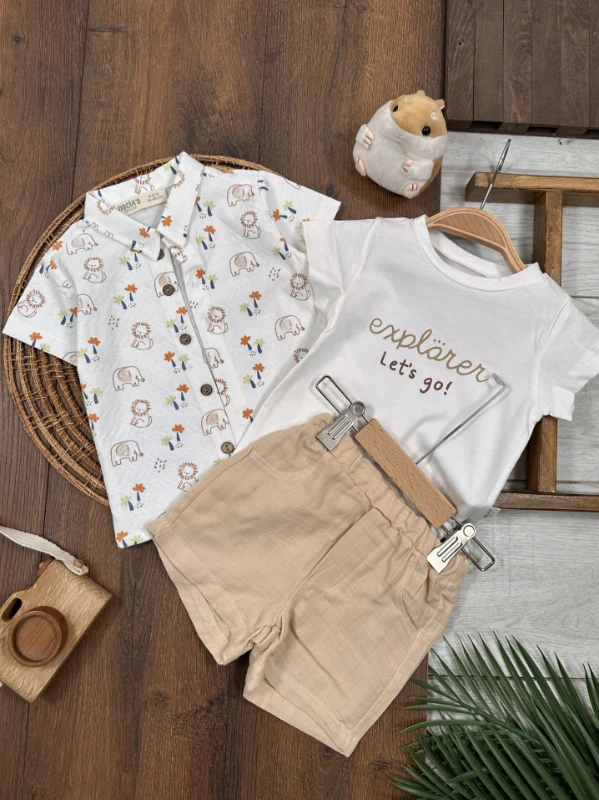 Safari Baskılı Gömlek Badili Şortlu Yazlık 3lü Erkek Bebek Takım - MAVİ