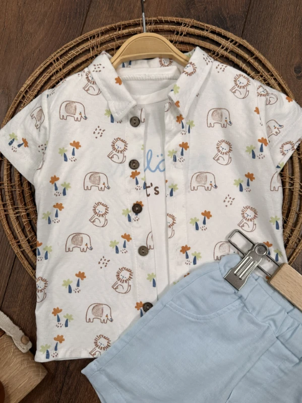 Safari Baskılı Gömlek Badili Şortlu Yazlık 3lü Erkek Bebek Takım - MAVİ