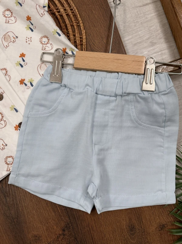 Safari Baskılı Gömlek Badili Şortlu Yazlık 3lü Erkek Bebek Takım - MAVİ