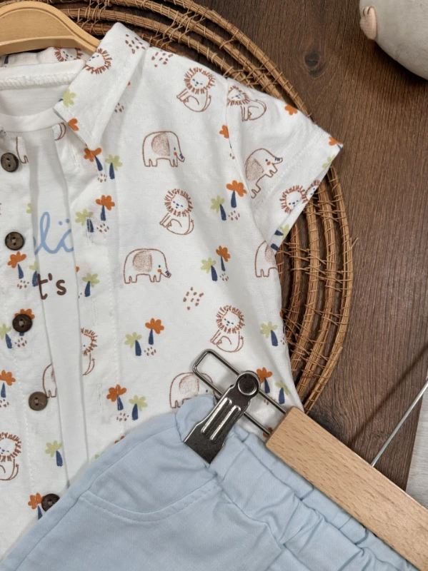 Safari Baskılı Gömlek Badili Şortlu Yazlık 3lü Erkek Bebek Takım - MAVİ