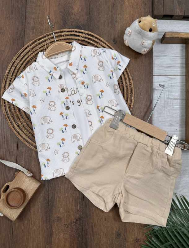 Safari Baskılı Gömlek Badili Şortlu Yazlık 3lü Erkek Bebek Takım - SÜTLÜ KAHVE