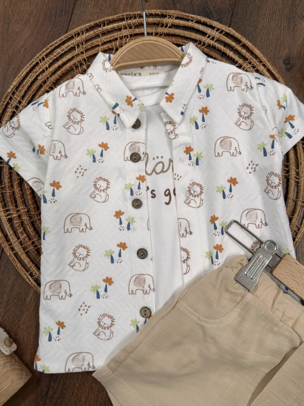 Safari Baskılı Gömlek Badili Şortlu Yazlık 3lü Erkek Bebek Takım - MAVİ