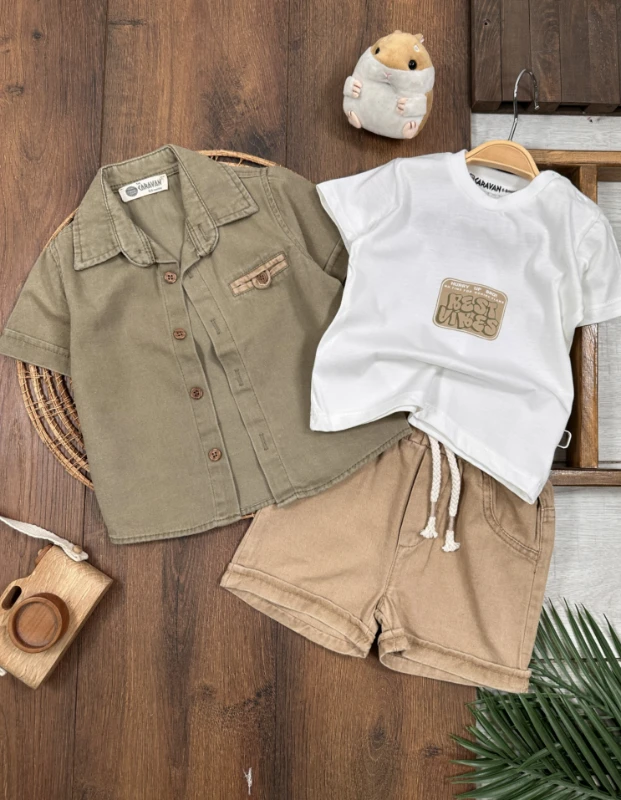 Keten Gömlek Önden Düğmeli Badili Şortlu Yazlık 3lü Erkek Bebek Takım - HAKİ YEŞİL