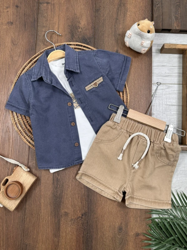 Keten Gömlek Önden Düğmeli Badili Şortlu Yazlık 3lü Erkek Bebek Takım - HAKİ YEŞİL