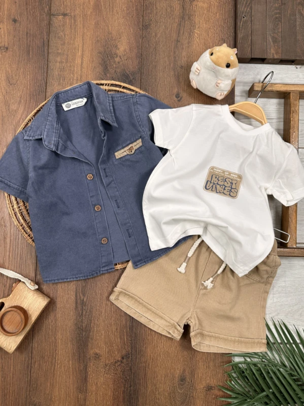 Keten Gömlek Önden Düğmeli Badili Şortlu Yazlık 3lü Erkek Bebek Takım - LACİVERT