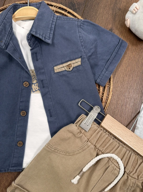 Keten Gömlek Önden Düğmeli Badili Şortlu Yazlık 3lü Erkek Bebek Takım - HAKİ YEŞİL