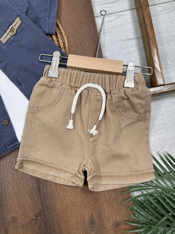 Keten Gömlek Önden Düğmeli Badili Şortlu Yazlık 3lü Erkek Bebek Takım - HAKİ YEŞİL