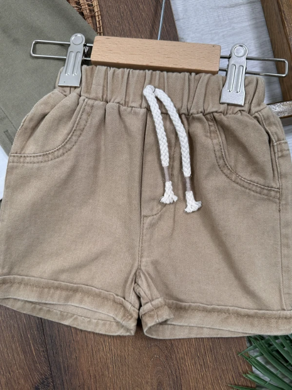 Keten Gömlek Önden Düğmeli Badili Şortlu Yazlık 3lü Erkek Bebek Takım - HAKİ YEŞİL