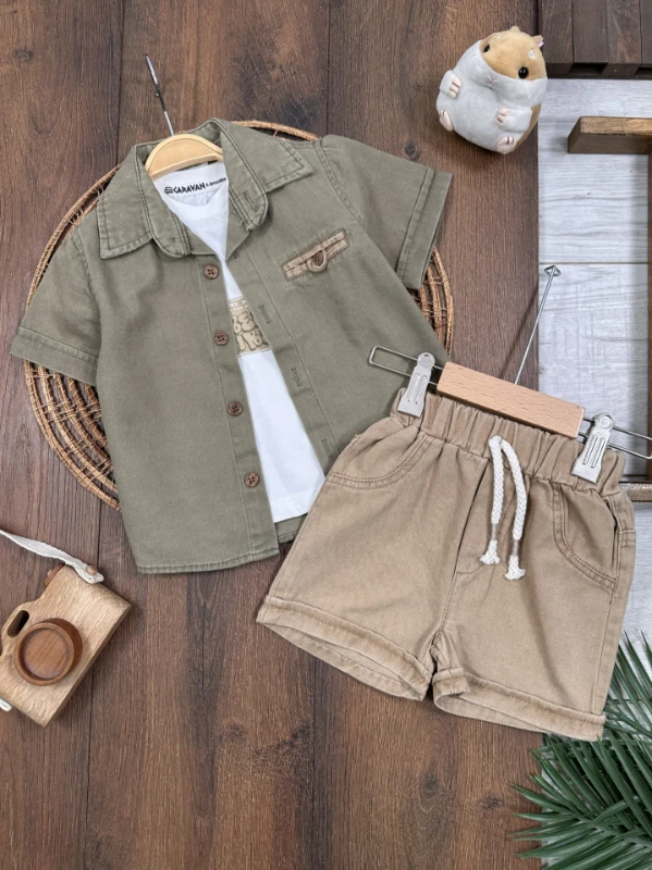 Keten Gömlek Önden Düğmeli Badili Şortlu Yazlık 3lü Erkek Bebek Takım - HAKİ YEŞİL