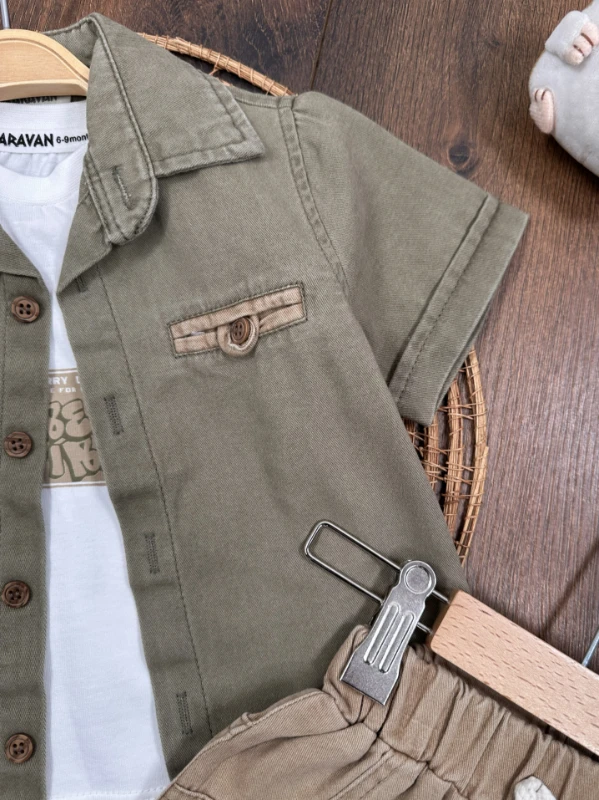 Keten Gömlek Önden Düğmeli Badili Şortlu Yazlık 3lü Erkek Bebek Takım - HAKİ YEŞİL