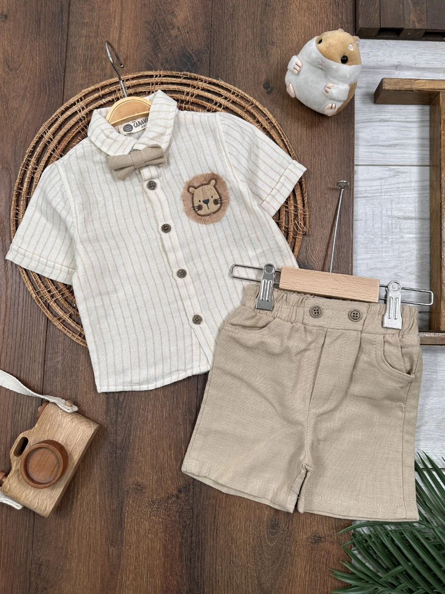 Aslan Figürlü Papyonlu Çizili Keten Şortlu Yazlık Erkek Bebek Takım - SÜTLÜ KAHVE