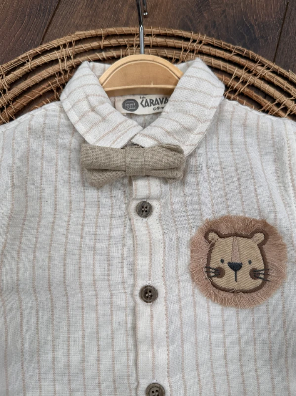 Aslan Figürlü Papyonlu Çizili Keten Şortlu Yazlık Erkek Bebek Takım - SÜTLÜ KAHVE