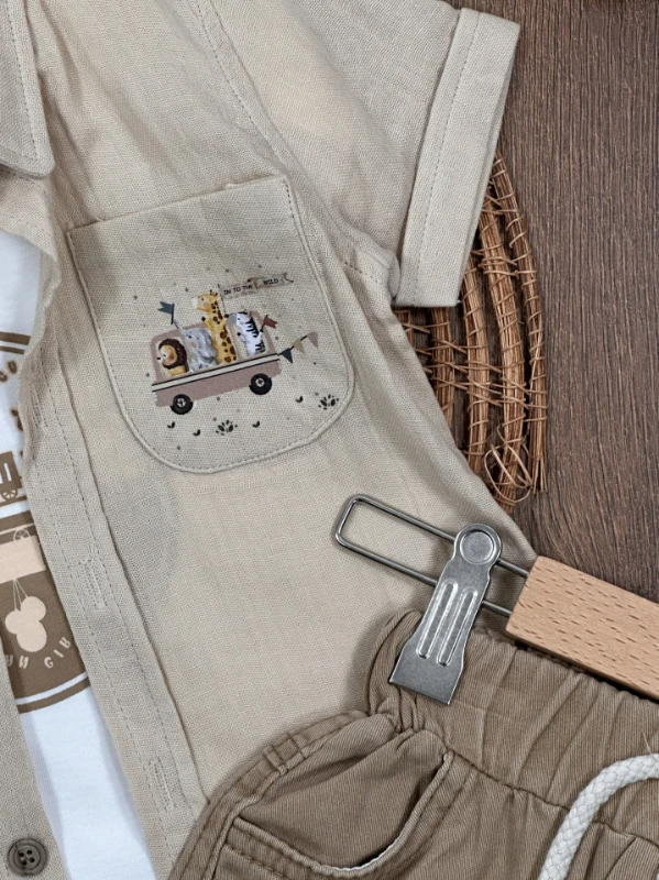 Karavan Baskılı Badili Keten Şortlu Yazlık Erkek Bebek Takım - HAKİ YEŞİL