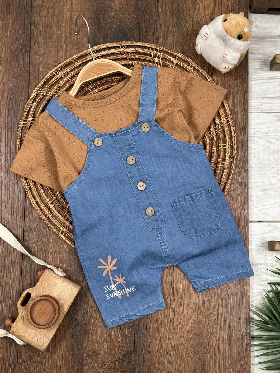 Palmiye Baskılı Düğme DetaylıYazlık Kot Salopet Erkek Bebek Takım - KAHVE