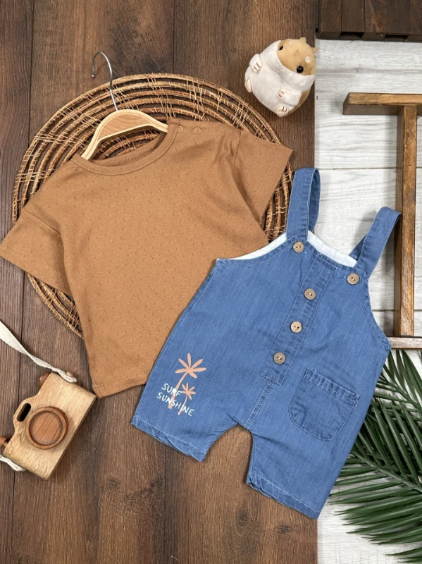 Palmiye Baskılı Düğme DetaylıYazlık Kot Salopet Erkek Bebek Takım - KAHVE
