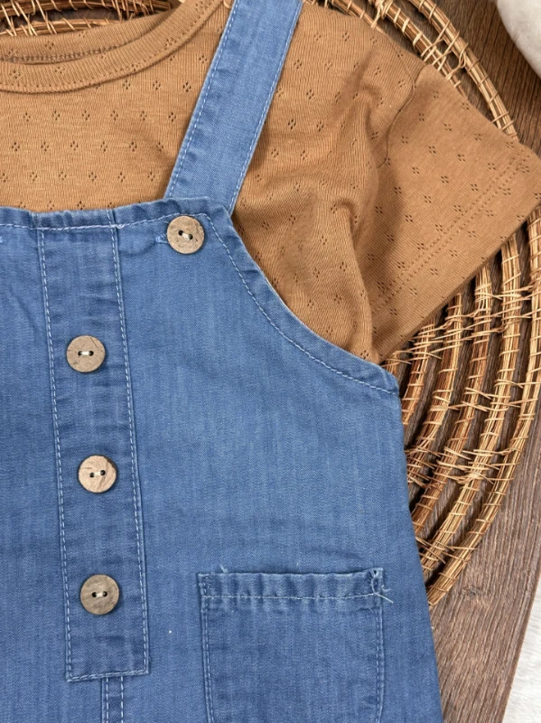 Palmiye Baskılı Düğme DetaylıYazlık Kot Salopet Erkek Bebek Takım - KAHVE