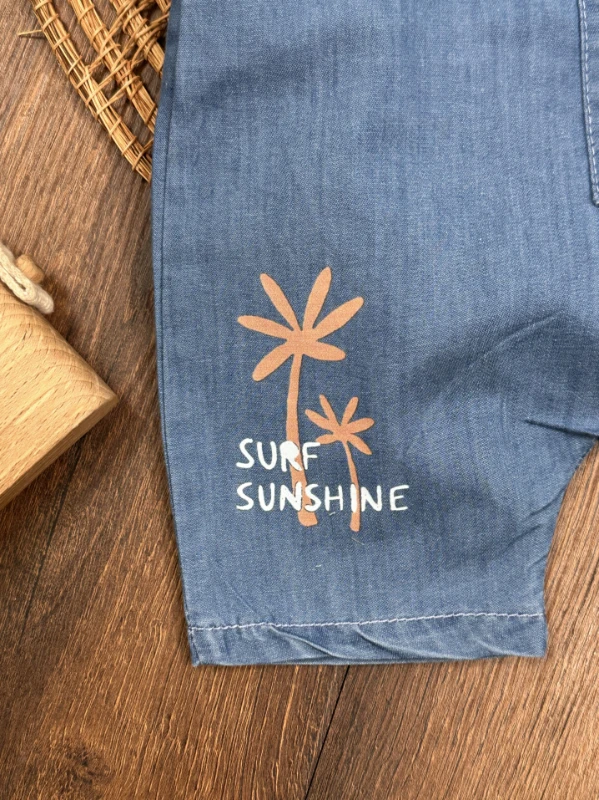 Palmiye Baskılı Düğme DetaylıYazlık Kot Salopet Erkek Bebek Takım - KAHVE