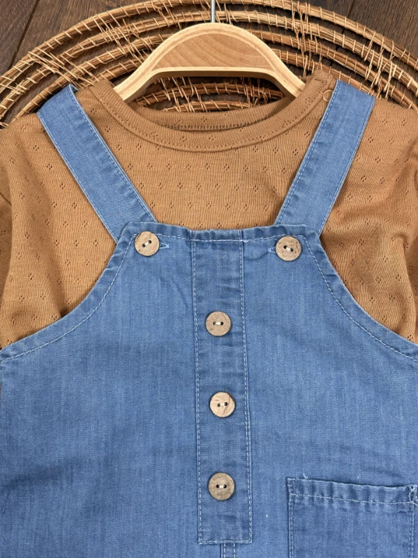 Palmiye Baskılı Düğme DetaylıYazlık Kot Salopet Erkek Bebek Takım - KAHVE