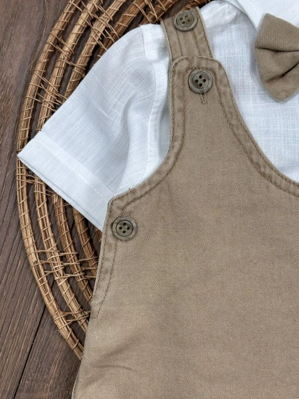 Bisiklet Nakışlı Papyonlu Gömlekli Keten Yazlık Salopet Erkek Bebek Takım - SÜTLÜ KAHVE