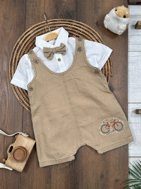 Bisiklet Nakışlı Papyonlu Gömlekli Keten Yazlık Salopet Erkek Bebek Takım - SÜTLÜ KAHVE
