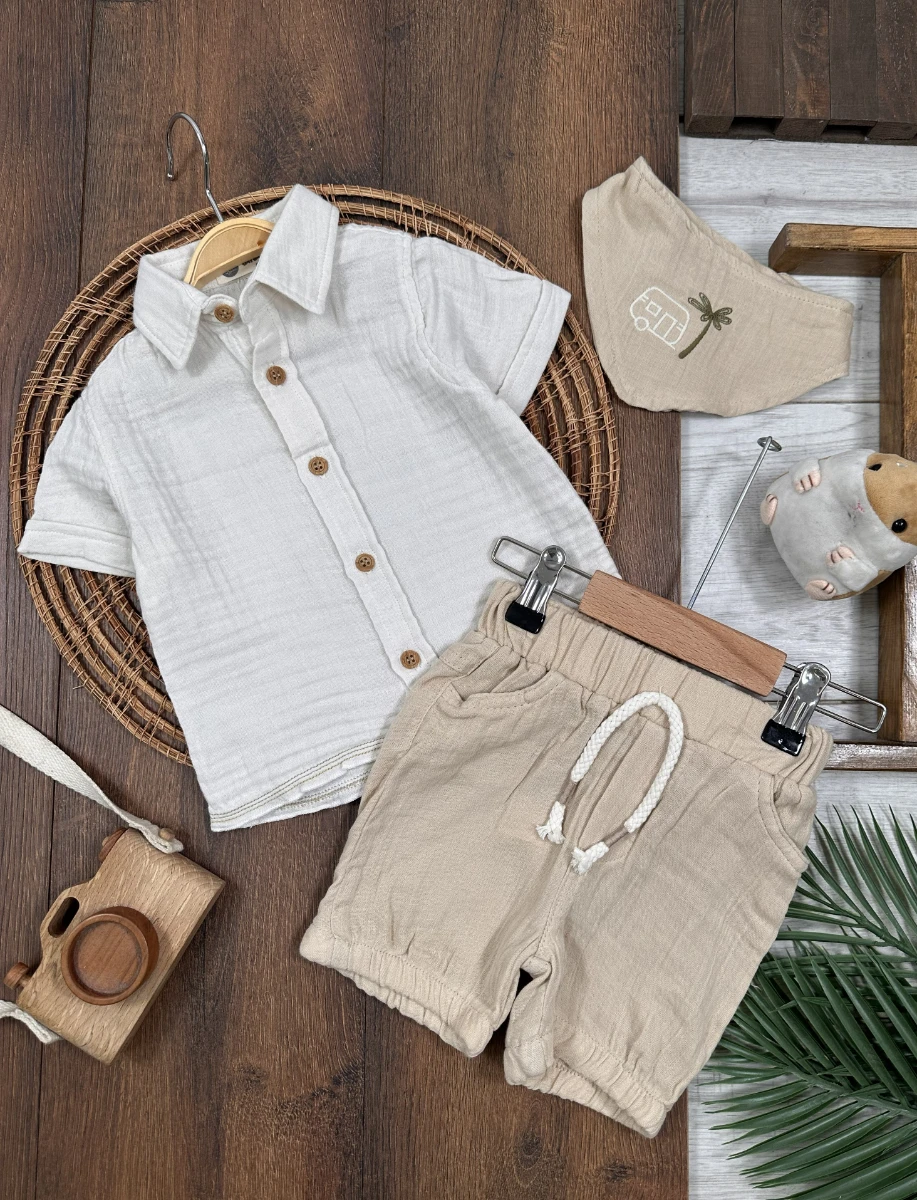  Müslin Gömlek Palmiye Nakışlı Fularlı Şortlu Yazlık Erkek Bebek Takım - BEJ