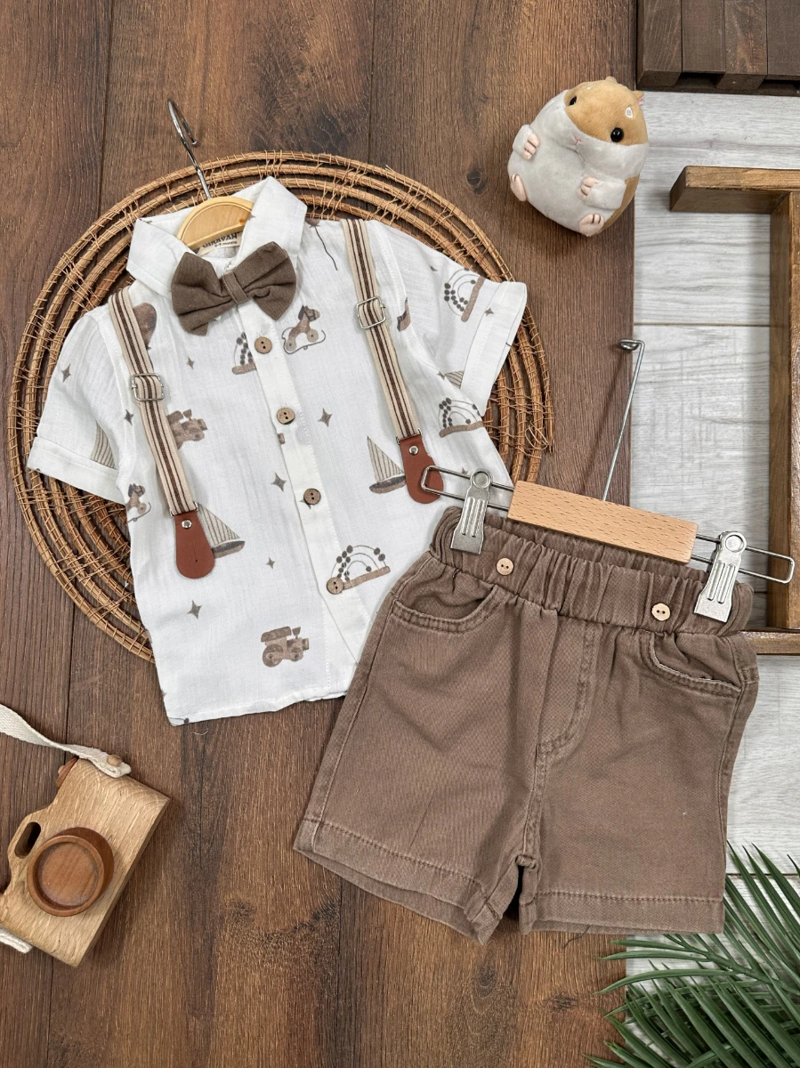Askı Kemerli Papyonlu Müslin Gömlek Keten Şort Yazlık Erkek Bebek Takım - KAHVE