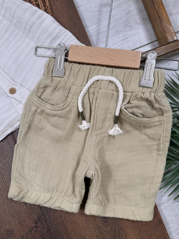  Müslin Gömlek Palmiye Nakışlı Fularlı Şortlu Yazlık Erkek Bebek Takım - BEJ