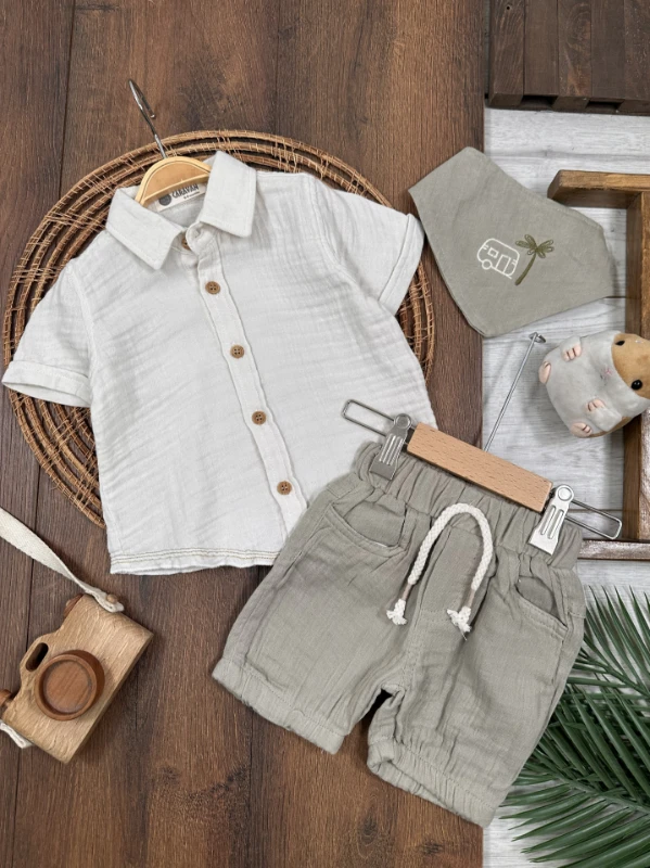  Müslin Gömlek Palmiye Nakışlı Fularlı Şortlu Yazlık Erkek Bebek Takım - HAKİ YEŞİL