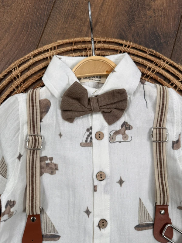 Askı Kemerli Papyonlu Müslin Gömlek Keten Şort Yazlık Erkek Bebek Takım - BEJ