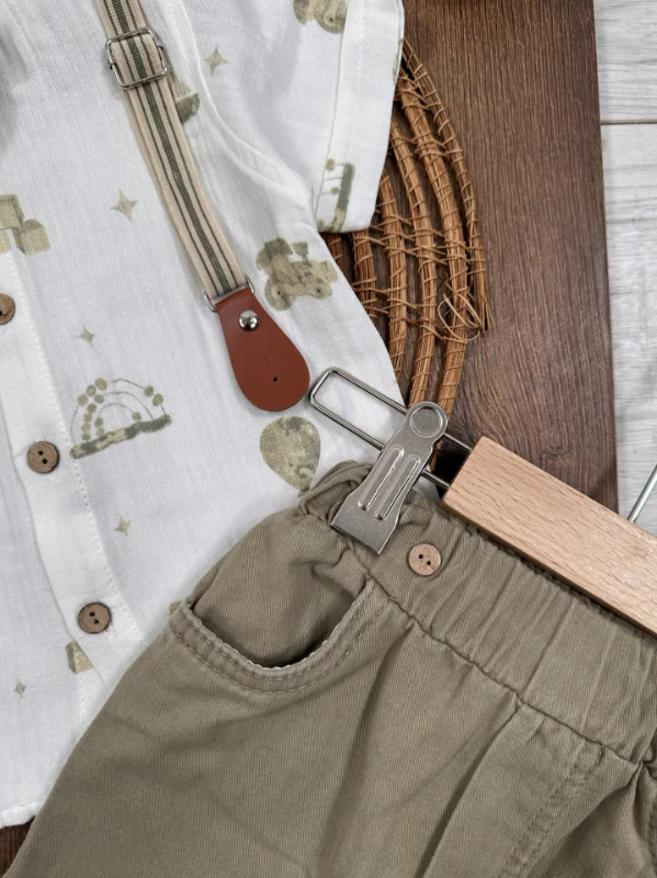 Askı Kemerli Papyonlu Müslin Gömlek Keten Şort Yazlık Erkek Bebek Takım - BEJ