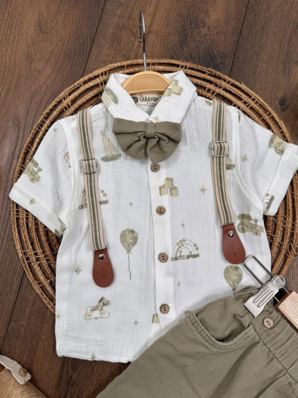 Askı Kemerli Papyonlu Müslin Gömlek Keten Şort Yazlık Erkek Bebek Takım - BEJ