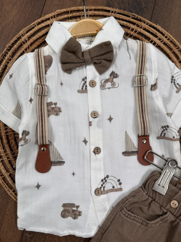 Askı Kemerli Papyonlu Müslin Gömlek Keten Şort Yazlık Erkek Bebek Takım - BEJ