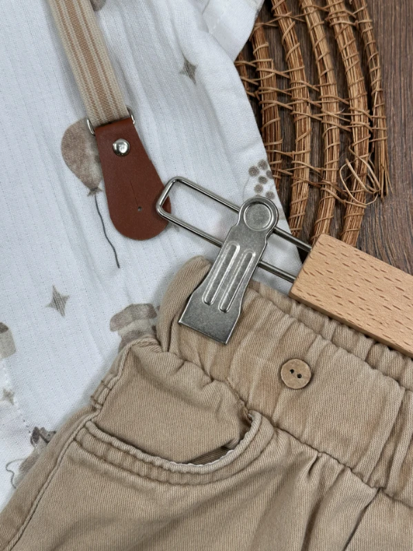 Askı Kemerli Papyonlu Müslin Gömlek Keten Şort Yazlık Erkek Bebek Takım - BEJ