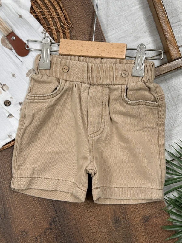 Askı Kemerli Papyonlu Müslin Gömlek Keten Şort Yazlık Erkek Bebek Takım - BEJ