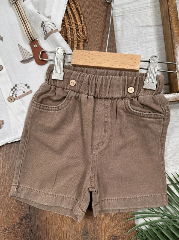 Askı Kemerli Papyonlu Müslin Gömlek Keten Şort Yazlık Erkek Bebek Takım - BEJ