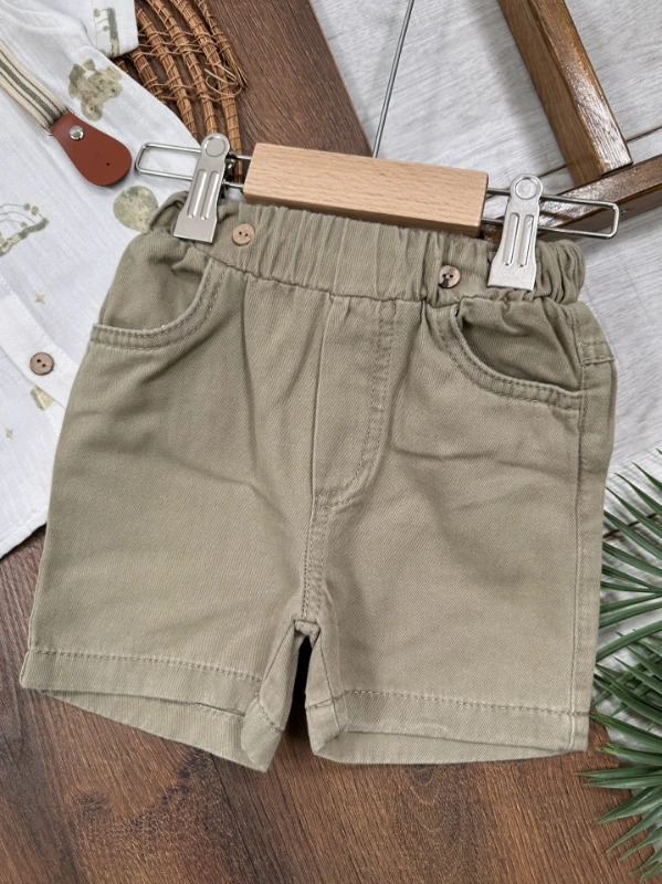 Askı Kemerli Papyonlu Müslin Gömlek Keten Şort Yazlık Erkek Bebek Takım - BEJ