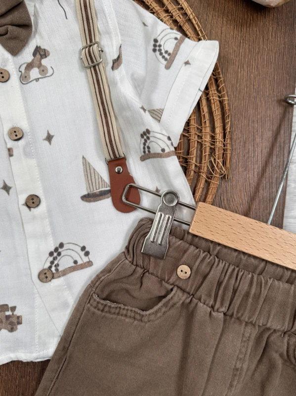 Askı Kemerli Papyonlu Müslin Gömlek Keten Şort Yazlık Erkek Bebek Takım - BEJ