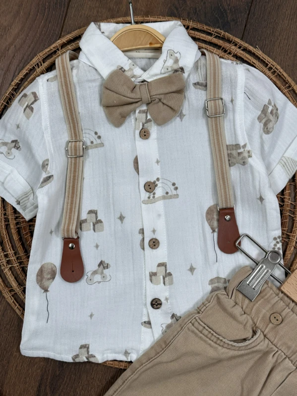 Askı Kemerli Papyonlu Müslin Gömlek Keten Şort Yazlık Erkek Bebek Takım - BEJ